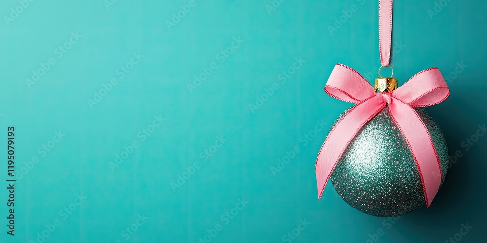 Decorative turquoise ornament with pink ribbon bow hanging on vibrant teal background ample space for text seasonal festive design Decorative turquoise ornament with pink ribbon bow hanging on vibrant teal background ample space for text seasonal festive design