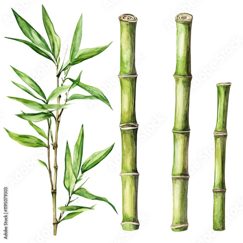 A watercolor painting of Bamboo, isolated on a white background. Bamboo vector.
