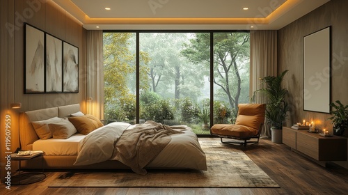 Cozy and bright bedroom interior with a wooden bed and comfortable armchair