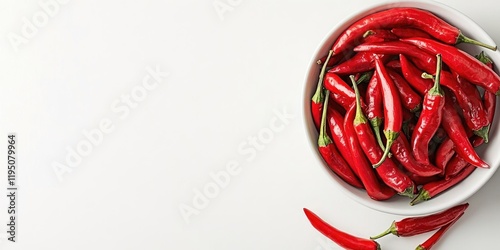 Red chillies overflowing in a white bowl positioned centrally against a bright white background with ample copy space on the right side.