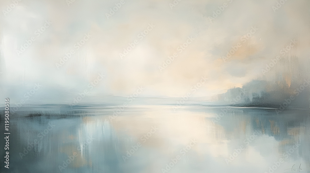 Fototapeta premium Serene Waterscape: An impressionistic landscape painting depicting a tranquil lake reflecting a soft, pastel sky at dawn or dusk. The subtle blend of blues, grays.