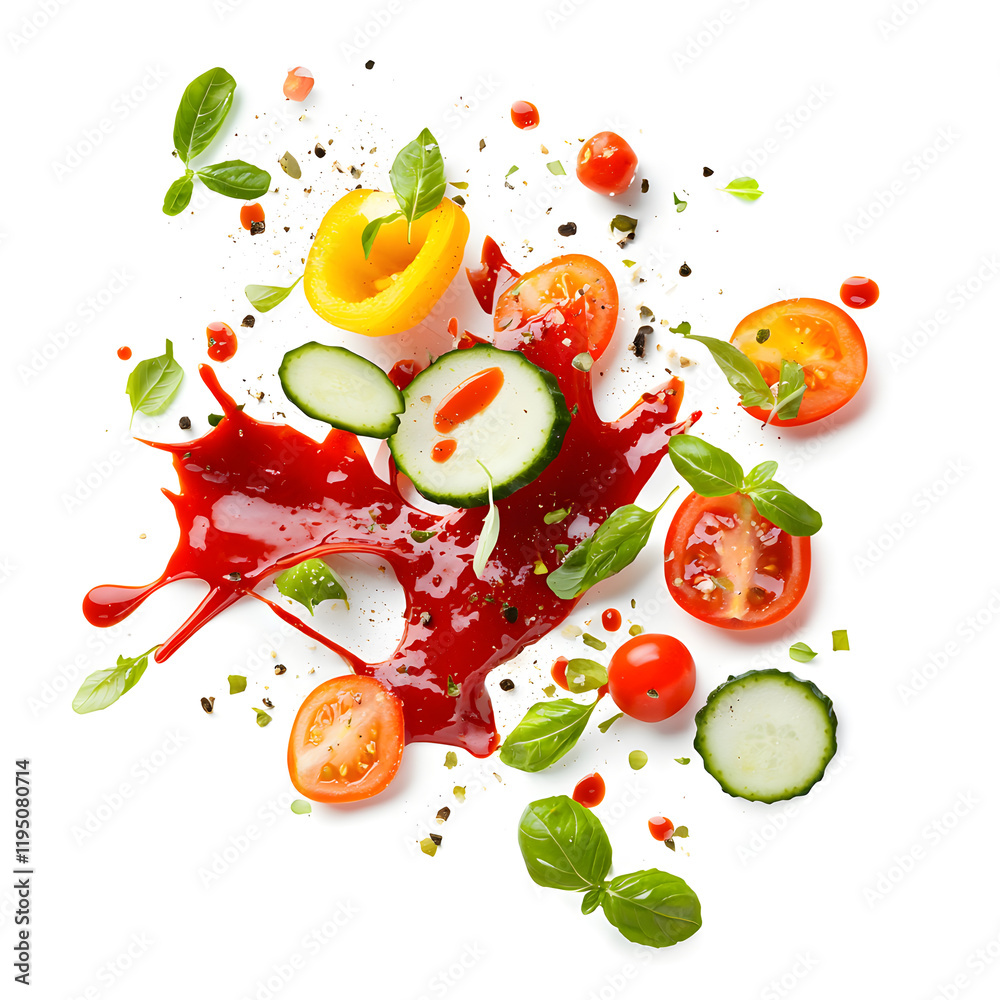 Explosion of sauces and sliced vegetables isolated on white transparent background
Explosion of sauces and sliced vegetables isolated on white transparent background