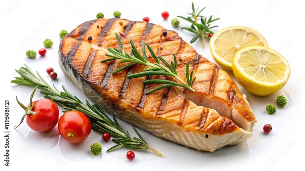 Grilled salmon steak isolated on white background, top view
Grilled salmon steak isolated on white background, top view
