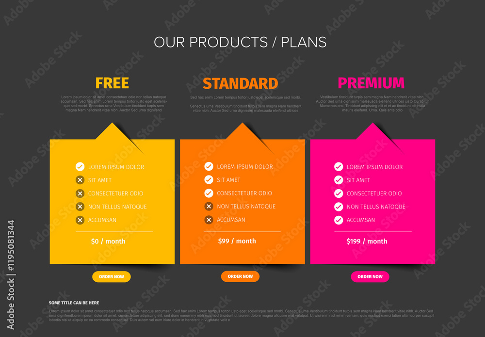 Dark Pricing Plan Comparison Template with free, standard and premium subscription options
