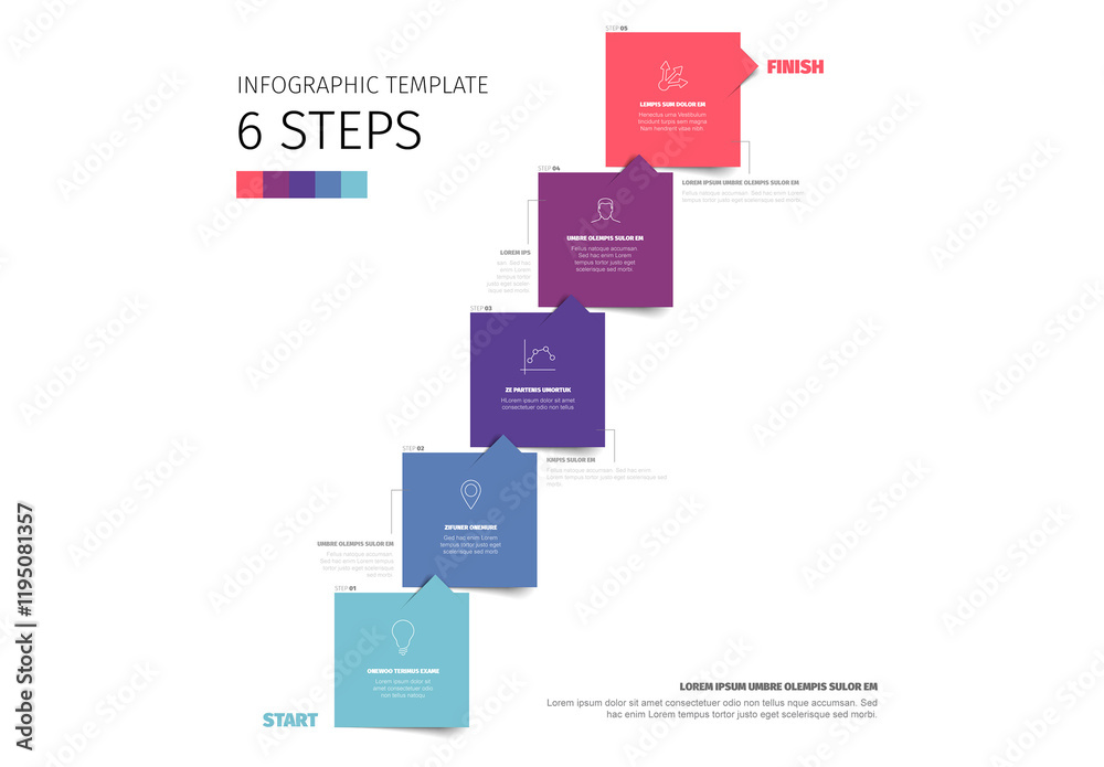 Colorful Six Step Infographic Template made from blue diagonal squares