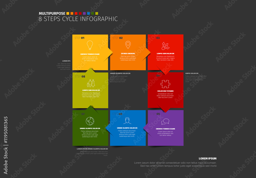 Colorful 8 Steps Cycle Infographic Template made from eight color square blocks on dark background