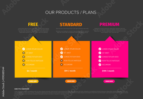 Obraz na płótnie Dark Pricing Plan Comparison Template with free, standard and premium subscription options w salonie
