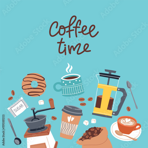 Cartoon coffee accessories card. Hot invigorating drink, preparation elements, cups, french press and donut, vector framed illustration