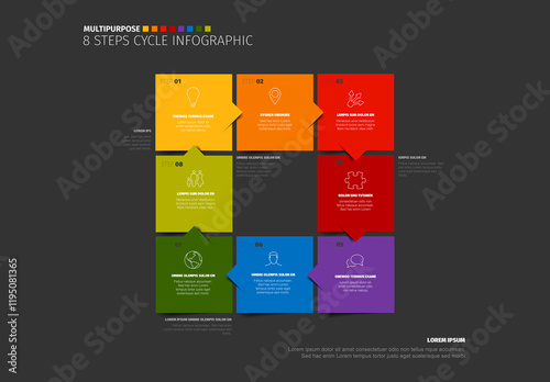 Obraz na płótnie Colorful 8 Steps Cycle Infographic Template made from eight color square blocks on dark background w salonie