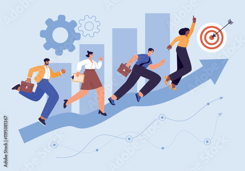 Cartoon business team run. Office people in formal suits, moving towards goal, competitive work, successful startup, vector illustration