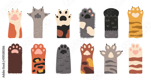 Cartoon cute cat paws. Furry little pets feet, different colors and breeds, kitten pink and black pads, funny animals parts, vector set