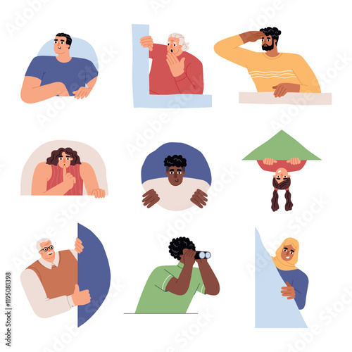 Cartoon curious people look out and watch. Funny men and women hiding behind geometric shapes and peeping of different holes, vector set