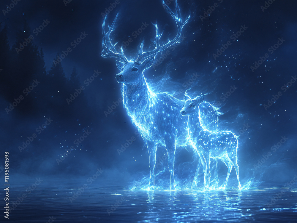 glowing deer standing side by side in a misty, starry night setting, with the light illuminating the scene from the bottom. glowing deer standing side by side in a misty, starry night setting, with the light illuminating the scene from the bottom.