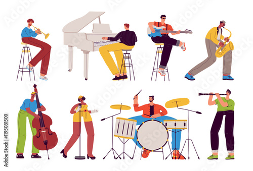 Cartoon funny jazz musicians. People playing different musical instruments, cute vocalist, pianist, saxophonist and drummer, vector set