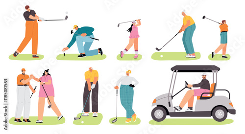 Cartoon golf players characters. People in various poses, children and adults hold clubs, hit ball in fields, rolling into hole, vector set