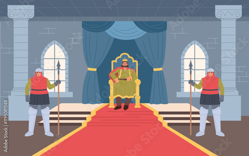 Cartoon king sits on throne. Ruler in throne room, fabulous characters, medieval castle interior, palace hall, guards, vector illustration