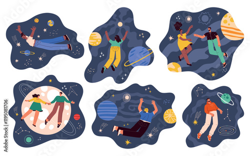 Cartoon people fly. Outer space with planets and stars, cosmos imagination, cute persons in fantasy, funny dreamy characters, vector set