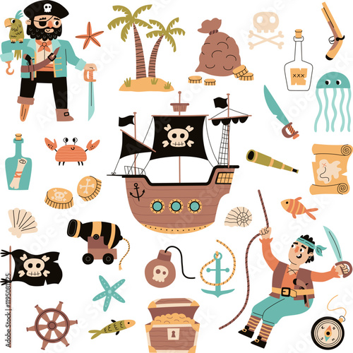 Cartoon pirates elements. Cute sea objects, ship with black flag, sailor and captain with parrot on shoulder, funny sea robbers, vector set