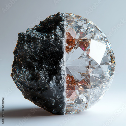 A striking sphere showcasing half raw black stone and half polished diamond, symbolizing transformation, contrast, and natural beauty.
