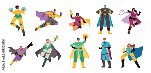 Cartoon superheroes. Male, female characters with various skills, power muscular people wearing masks, raincoats, dynamic poses, vector set