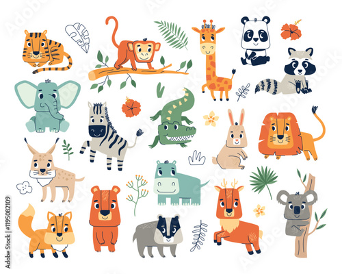 Cute animals. Cartoon wildlife characters, funny mammals, forest, jungle, tropic inhabitants, tiger, zebra, elephant, crocodile, vector set