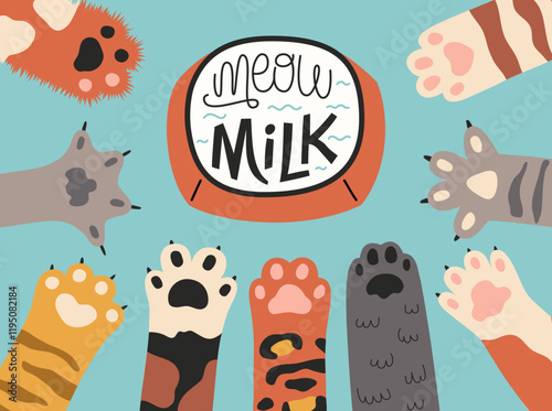 Cute cat paws frame banner. Different colors kittens feet, pets fluffy limbswith claws, soft pads, funny animals parts, vector illustration