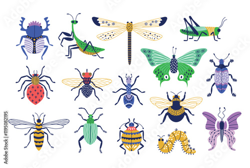 Cute colored bugs. Decorative trendy insects, funny little garden inhabitants, butterflies, beetles, caterpillars and mantises, vector set