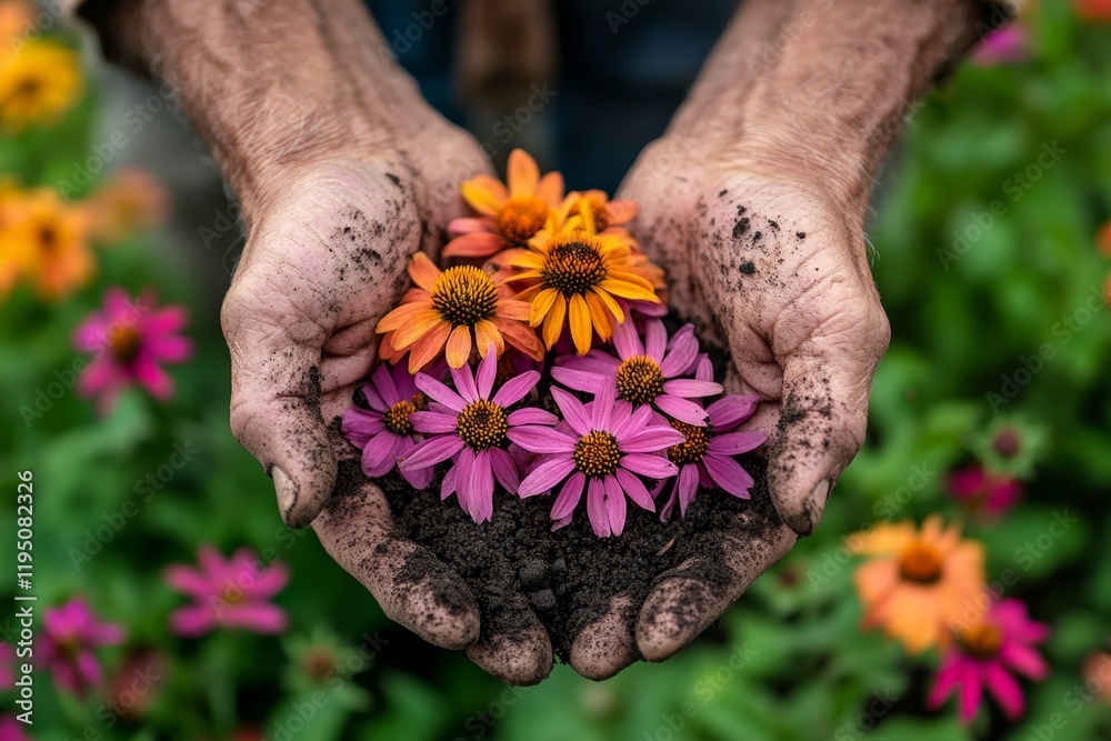 custom made wallpaper toronto digitalHands Holding Colorful Flowers and Soil - A Garden's Embrace