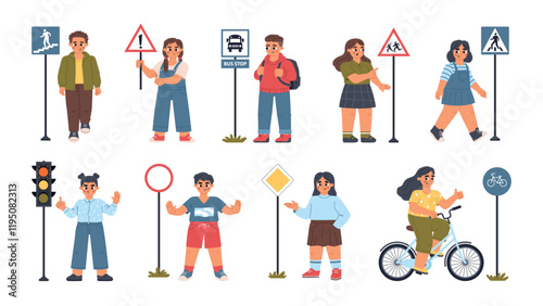 Cute kids learn traffic rules. Smiling children with road signs, young pedestrians, safety precautions, educational program, vector set