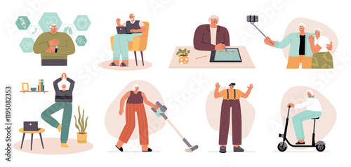 Cute pensioners keep up with times. Cartoon senior people use gadgets, elderly persons with modern device, education and leisure, vector set