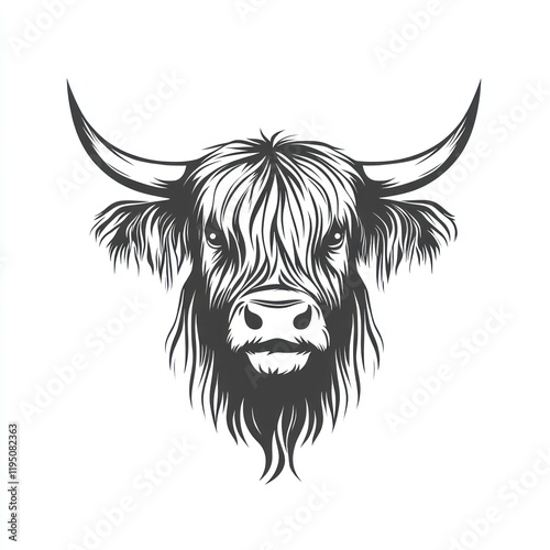 Highland cow head portrait, white background, farm animal illustration, logo design photo