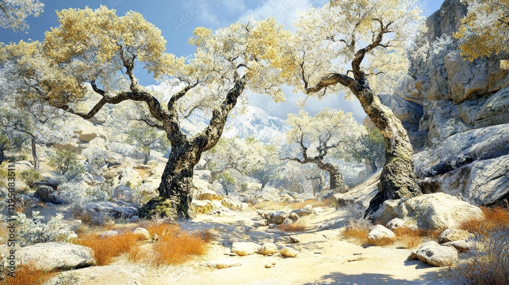 Fototapeta premium Vast desert landscape sparse trees and rocky formations under serene sky serene