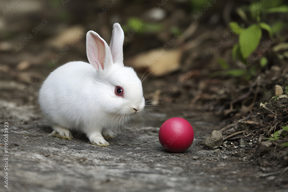 Easter Bunny and Egg: An adorable white rabbit with ruby-red eyes gazes curiously at a vibrant pink Easter egg nestled on the ground. A springtime scene filled with innocence and anticipation. Easter Bunny and Egg: An adorable white rabbit with ruby-red eyes gazes curiously at a vibrant pink Easter egg nestled on the ground. A springtime scene filled with innocence and anticipation.