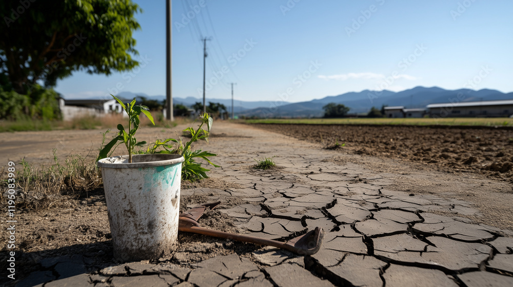 A barren farmland with dry crops, cracked soil, and abandoned farming tools under a cloudless sky. A barren farmland with dry crops, cracked soil, and abandoned farming tools under a cloudless sky.