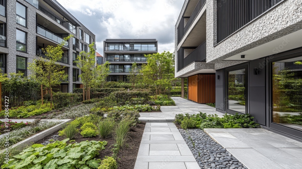 A lush garden space featuring innovative architectural designs and a variety of plant species, set in the heart of a city.