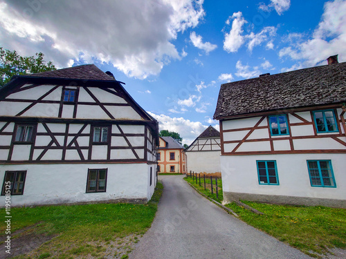 Historical Czech town of Úterý with half-timbered houses
