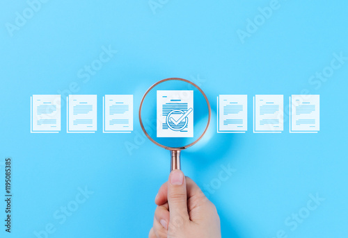 Document Review and Quality Control Process Concept. A hand holding a magnifying glass focuses on a document with a checkmark, document review, and approval processes. Certificate management, Audit,
