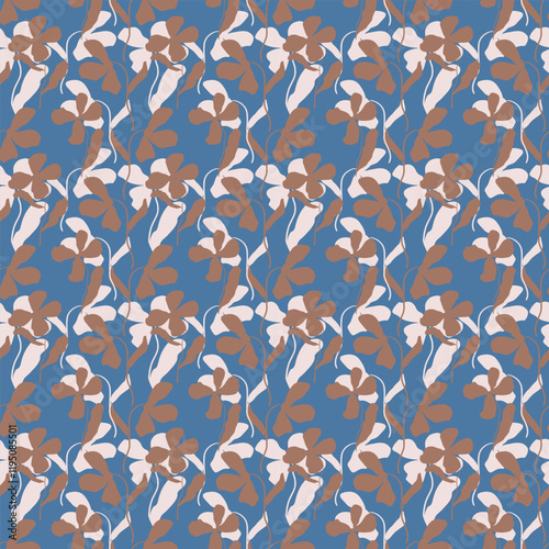 Trendy seamless pattern with brown and beige silhouettes of flowers on a blue background.Endless vector floral ornament for fabric, wrapping paper, wallpaper and other materials.