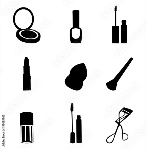 Set of vector makeup tools silhouette icons for beauty banner. Powder, Lipstick, mascara, eyeshadow, blush brush. Set of vector icon silhouettes.