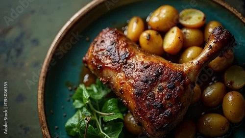 Muslo de pollo asado con papas baby y hierbas frescas