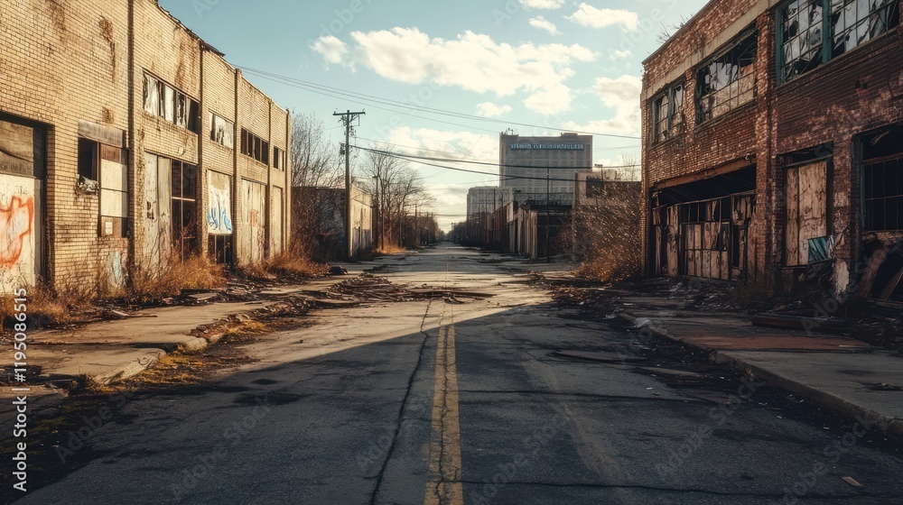 Abandoned street with dilapidated brick buildings under a cloudy blue sky creating an eerie atmosphere