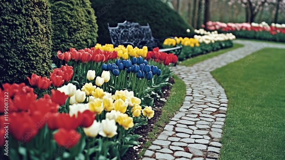 Fototapeta premium A vibrant spring garden filled with blooming tulips daffodils and cherry blossoms with a winding stone pathway and a wrought iron bench