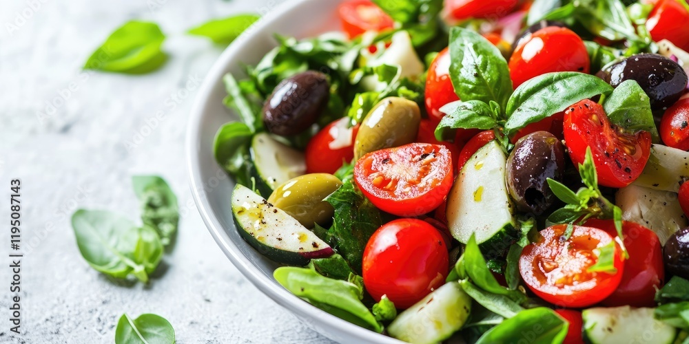 Fresh green vegan salad with cherry tomatoes black and green olives on a light textured background vibrant colors with ample copy space for text Fresh green vegan salad with cherry tomatoes black and green olives on a light textured background vibrant colors with ample copy space for text