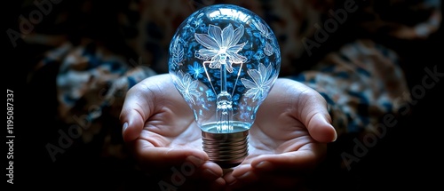 Hand holding bright light bulb, creative thinking and innovation, dark background with business success inspiration and solutiondriven design photo