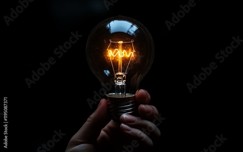 Hand holding glowing idea light bulb, innovation thinking, creative success inspiration, dark background, and solutiondriven business design concept photo