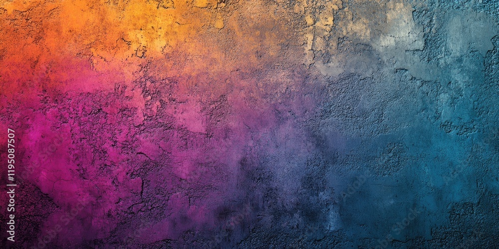 Fototapeta premium Vibrant abstract grunge wall texture with gradient hues of orange, pink, purple, and blue creating a rich, dynamic background composition.