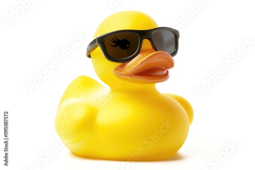 yellow rubber duck wearing black sunglasses on white background