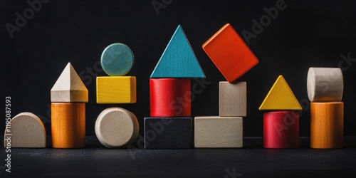 Colorful wooden building blocks in various shapes and sizes on a black background, featuring red, blue, yellow, orange, and natural wood tones.