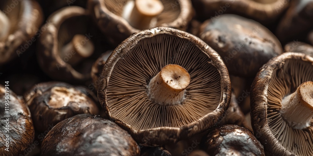 Closeup of fresh dark champignon mushrooms with selective focus on detailed gills and ample brown copy space in blurred background Closeup of fresh dark champignon mushrooms with selective focus on detailed gills and ample brown copy space in blurred background