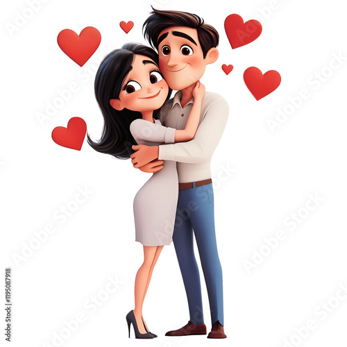 Happy couple in love in cartoon style png. They are hugging, looking happy and in love. Red hearts are visible in the background. Valentine's Day concept.